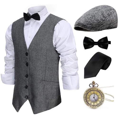 Gionforsy 20er Jahre Herren Wollartige Weste Kostüm Zubehör Set mit Hut Weste Fliege Krawatte Taschenuhr Gangster Accessoires Set für Great Gatsby Party Halloween Karneval Fasching (Grau, XXL) von Gionforsy