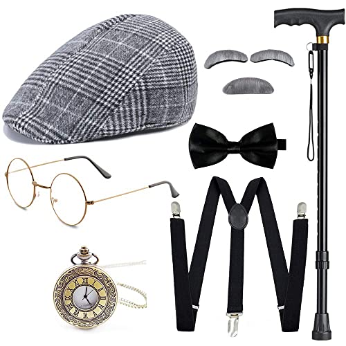 Gionforsy 20er Jahre Kostüm Accessoires Set für Herren 1920s Gangster Zubehör Set mit Hut Brille Hosenträger Fliege Taschenuhr Stock Bart für Great Gatsby Party Halloween Karneval Fasching (Grau) von Gionforsy