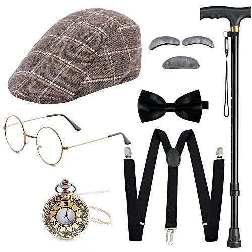 Gionforsy 20er Jahre Kostüm Accessoires Set für Herren 1920s Gangster Zubehör Set mit Hut Brille Hosenträger Fliege Taschenuhr Stock Bart für Great Gatsby Party Halloween Karneval Fasching (Kaffee) von Gionforsy