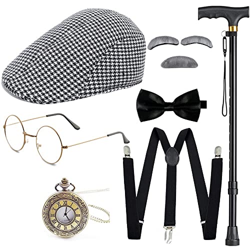 Gionforsy 20er Jahre Kostüm Accessoires Set für Herren 1920s Zubehör Set mit Hut Brille Hosenträger Fliege Taschenuhr Stock Bart für Great Gatsby Party Halloween Karneval Fasching (Hahnentritt) von Gionforsy