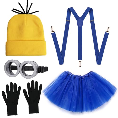 Gionforsy Damen Kostüm Zubehör Set 80er Jahre Tutu Kleid Kostüm Set Gelb Blau Cosplay Set für Spirit Week Halloween, Blau, Einheitsgröße von Gionforsy