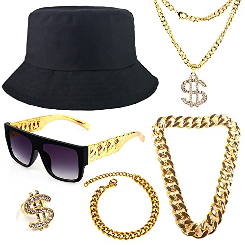 Gionforsy Hip Hop Kostüm Zubehör Set Kit 6 Stück mit Bucket Hut Sonnenbrille Goldkette Armband Ring, 80er 90er Jahre Rapper Accessoires Set für Mottoparty Halloween Karneval Fasching (Schwarz) von Gionforsy