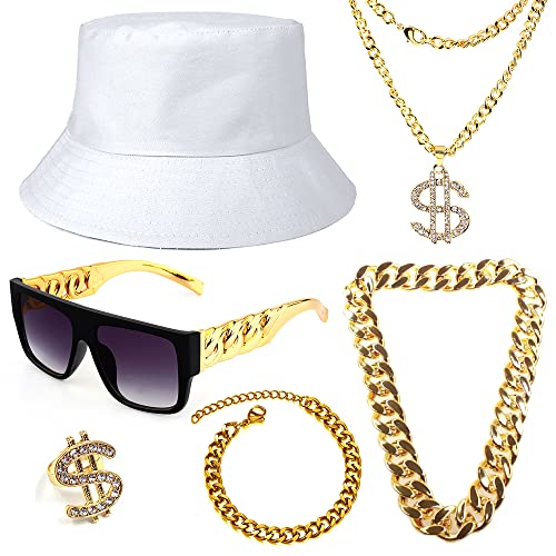 Gionforsy Hip Hop Kostüm Zubehör Set Kit 6 Stück mit Bucket Hut Sonnenbrille Goldkette Armband Ring, 80er 90er Jahre Rapper Accessoires Set für Mottoparty Halloween Karneval Fasching (Weiß) von Gionforsy