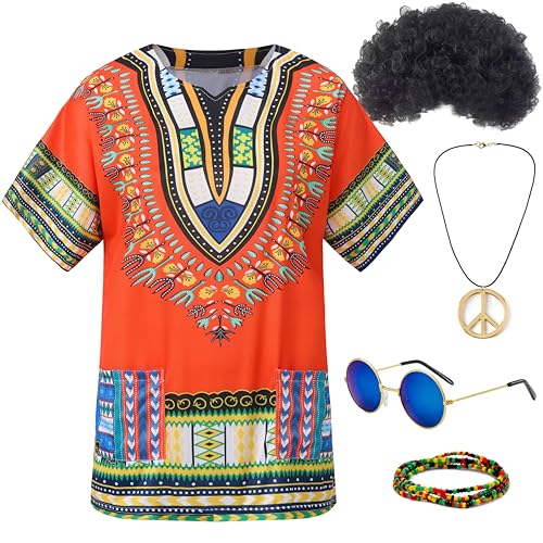 Gionforsy Hippie-Kostüm-Outfit für Herren und Damen, 60er-/70er-Jahre-Kostüm-Zubehör, T-Shirt, Perücke, Erbsenhalskette für Halloween-Kostüm (Orange, Größe 3XL) von Gionforsy