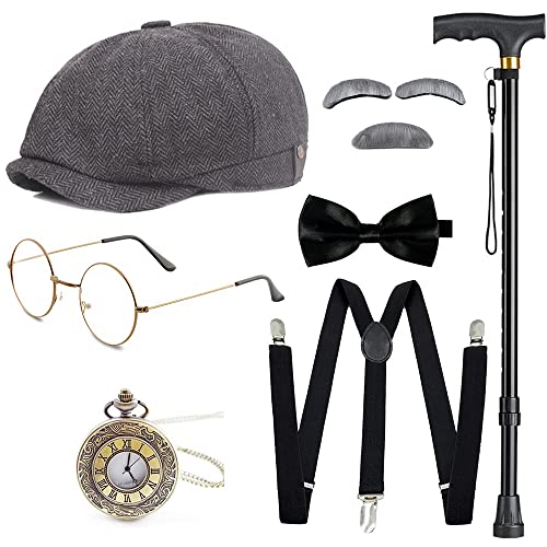 Gionforsy Old Man Kostüm Zubehör-Set Opa Zubehör Set 1920er Jahre Herren Gatsby Gangster Kostüm mit Newsboy Hut, Style5-black, Einheitsgr��e von Gionforsy