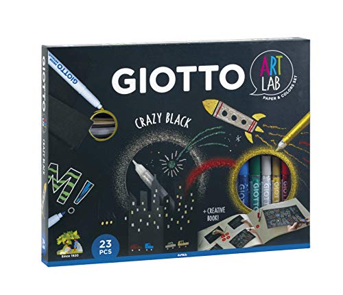 GIOTTO - Art Lab: Crazy Black - Kreativ-Set zum Zeichnen - 1 Kinderalbum schwarzes Papier + 6 Decor Material Marker + 2 Decor Metallstifte Gold und Silber + 5 Glitzerkleber von GIOTTO