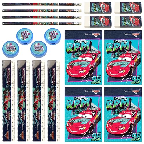 Cars 20-teiliges Schreibwaren-Set - 4X je: Notizblock, Bleistift HB, Lineal, Anspitzer, Radiergummi - Offizielles Lizenzprodukt von Cars Geschenke Schreibware, Schulsachen von Giovas