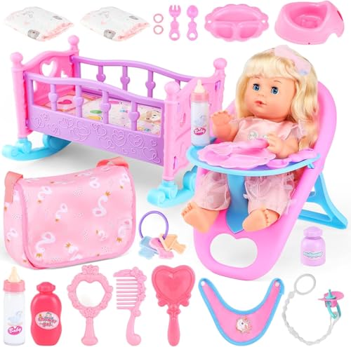 13" Baby Puppe Set mit Zubehör, Puppen Rollenspiel-Spielzeug für Mädchen ab 3 Jahren, inkl. Bett, Füttern-Set, Kleidung, interaktiver Flasche & Stuhl, komplettes Puppenpflege-Set mit Lernfunktion von GirlDiary