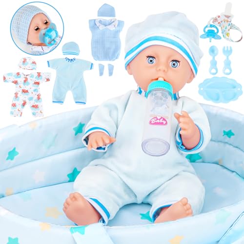 GirlDiary Babypuppe, 30,5 cm, Jungen-Puppen-Set mit 3 Kleidungsstücken und Zubehör, Tragetasche, Stubenwagen, Flasche, Schnuller, Decke, Pretend Play Kleinkindspielzeug für Alter 3-8 Jahre von GirlDiary