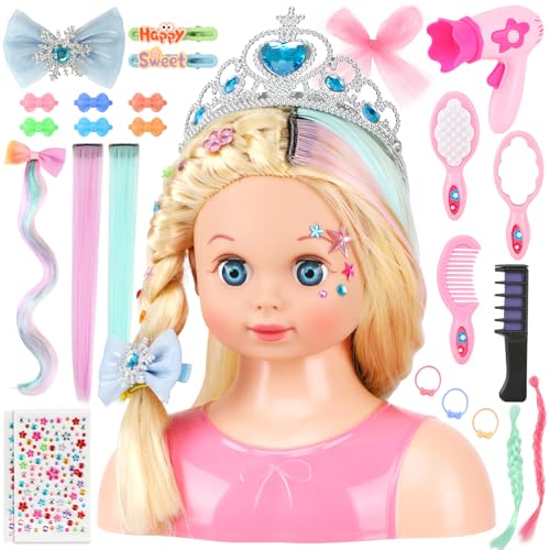 Frisierkopf Kinder Set mit Haarverlängerungen, Haarzubehör & Waschbare Kreide - Schminkkopf für Mädchen ab 3 4 5 6 Jahre, Puppenkopf Zum Frisieren Kinder, Weihnachten Geburtstag Geschenke Spielzeug von GirlDiary
