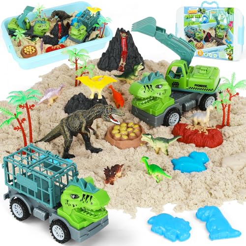 GirlDiary Dinosaurier Spielzeug und Kinetischer Toy Sand Baustelle, 900g Magic Sand und Zubehör, Sandkasten mit Deckel, Sensorisch Sandspielzeug Set für Junge Mädchen Kinder ab 3 4 5 6 7 8 Jahre von GirlDiary