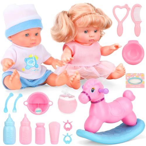 GirlDiary Puppenset mit Schaukelpferd, Zwillinge Jungen-Puppe & Mädchen-Puppe – Entwicklung förderndes Rollenspiel-Spielzeug für Kinder ab 3 Jahren, inkl. Füttern, Pflegen & Babypflege-Zubehör von GirlDiary