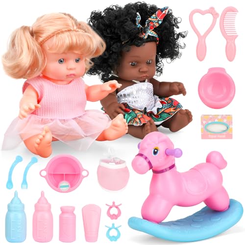 GirlDiary Vielfältige Puppen Set für Jungen & Mädchen 3-8 Jahre, 17-teiliges Inklusives Puppe Spielzeug mit Schaukelpferd & Zubehör, Feinmotorik & Rollenspiel von GirlDiary