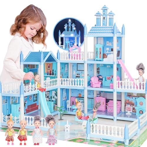 Großes Puppenhaus Spielhaus Mädchen Spielzeug mit Lichtern, 3-Story 9 Zimmer Puppenhaus mit 4 Puppen Rutschen Treppen Möbel Zubehör Spielmatte, Kleinkind Geburtstag Geschenk für 3 4 5 6 7 8 Jahre alt von GirlDiary