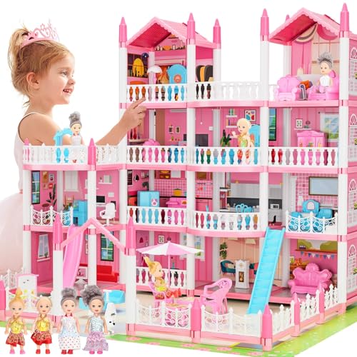 Puppenhaus, Rosa, für Mädchen, Spielhaus, 4 Etagen, 15 Teile, mit 4 Puppen, Zubehör und blinkenden Lichtern, Puppenhaus, Prinzessin, Geschenk für Kinder von 3 4 5 6 7 und 8 Jahren Puppenhaus, Rosa, für Mädchen, Spielhaus, 4 Etagen, 15 Teile, mit 4 Puppen, Zubehör und blinkenden Lichtern, Puppenhaus, Prinzessin, Geschenk für Kinder von 3 4 5 6 7 und 8 Jahren von GirlDiary
