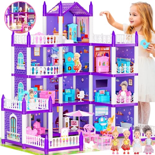 Puppenhaus für Mädchen, Spielhaus mit 4 Etagen, 11 Teile, mit 4 Puppen, Zubehör und blinkenden Lichtern, Puppenhaus, Prinzessin, Geschenk für Kinder von 3 4 5 6 7 und 8 Jahren Puppenhaus für Mädchen, Spielhaus mit 4 Etagen, 11 Teile, mit 4 Puppen, Zubehör und blinkenden Lichtern, Puppenhaus, Prinzessin, Geschenk für Kinder von 3 4 5 6 7 und 8 Jahren von GirlDiary