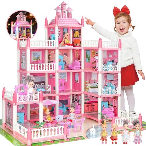 Puppenhaus für Mädchen Kleinkinder - Riesiges Puppenhaus mit 4 Puppen Figur, Möbel, Zubehör, LED Licht, 4 Geschichten Prinzessin Traumhaus Spielzeug Geschenk für Kinder 3 4 5 6 7 8 Jahre alt (Rosa) von GirlDiary