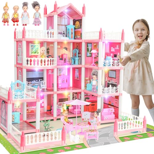 Puppenhaus für Mädchen Kleinkinder - Riesiges Puppenhaus mit 4 Puppen Figur, Möbel, Zubehör, LED Licht, 4 Geschichten Prinzessin Traumhaus Spielzeug Geschenk für Kinder 3 4 5 6 7 8 Jahre alt (Rosa) von GirlDiary