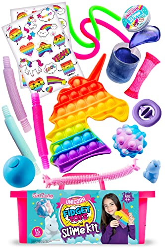 GirlZone Einhorn Fidget Slime Surprise Kit, Sensorische Fidget -und Zappelspielzeuge für Kinder, Set Enthält Vorgefertigten Schleim- und Pop It ASMR-Spielzeug Geschenke für Mädchen von GirlZone