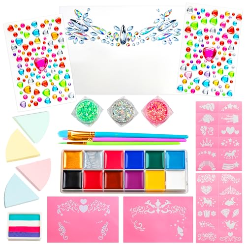 GirlZone Einhorn und Juwelen Schmink Farb-Set, Schminke für Kinder, Pinsel, Glitzersteine, Schablonen, Halbgesicht Schmuck in 1 Kinder-Gesichtsfarbe Set von GirlZone