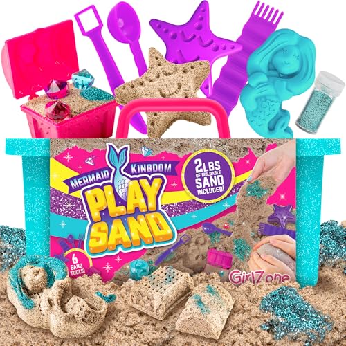 GirlZone Geschenke für Mädchen Meerjungfrau Spielsand 1kg Magischer Sand, Spielset für Kinder mit Edelsteinen, Tragetasche und Mehr, Lustiges Spielset von GirlZone