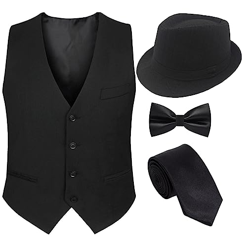 Giroir 1920er Jahre Herren Accessoires Brüllende 20er Jahre Kostüm Gatsby Gangster Weste Fedora Hut Fliege Pre Tie (Schwarz, X-Large) von Giroir