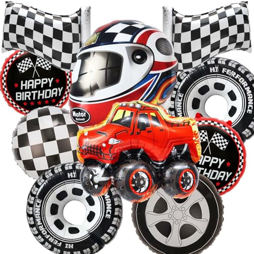 10-teiliges Rennwagen-Ballon-Set für Geburtstagsparty-Dekorationen – Monster-Truck-Thema mit karierter Flagge und Helmballons, Jungen-Feierzubehör von Girouette