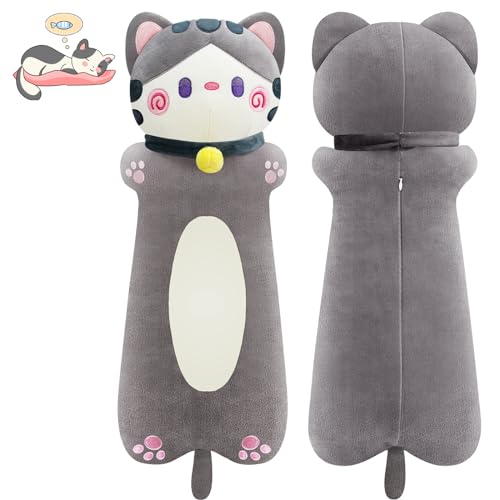 Plüschtier Katze Kawaii Kuscheltier Lang Katze Plüsch Katze Stofftier Katze Kissen Kinder Body Pillow Cat Stuffed Animals Geschenk Geburtstag Weihnachten Grau 70cm von Gisqis