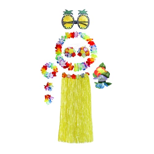 Elastischer Hawaiianischer Hulas Grasrock Mit Blumenkostüm Set Für Party Beach Dance Kostüm Tropicals Themat von Gissroys