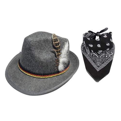 Federhut Oktoberfest Kostüm mit Hut Schal und Herz Rahmen Brille für Herren Damen Oktoberfest Bier Motto Party Festival Verkleidung Brille von Gissroys