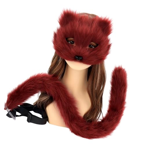 Gissroys 2pcs Therianians Maske Und Schwanz Fauxpelze Füchse Heckplüschkatzen Maske Katzen Wolf Cosplay Kostüm Für Halloween Weihnachtsfeier von Gissroys