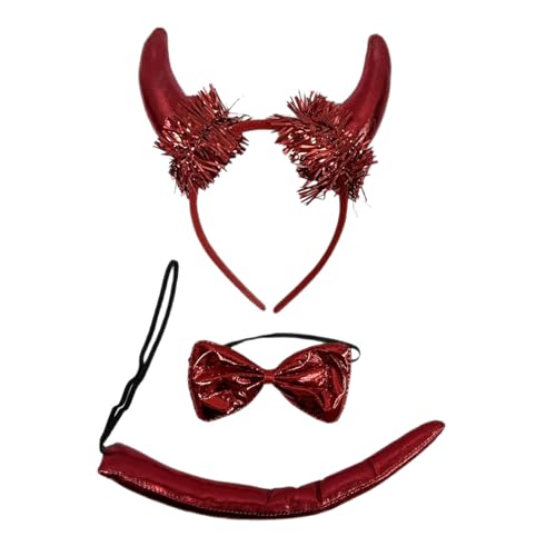 Gissroys 3pcs Red Devil Kostümzubehör Set Mit Horn Stirnbändern Bögen Bindungen Schwänze Für Halloween Weihnachts Cosplay Partys Red Devil Kostümzubehör Accessoires von Gissroys