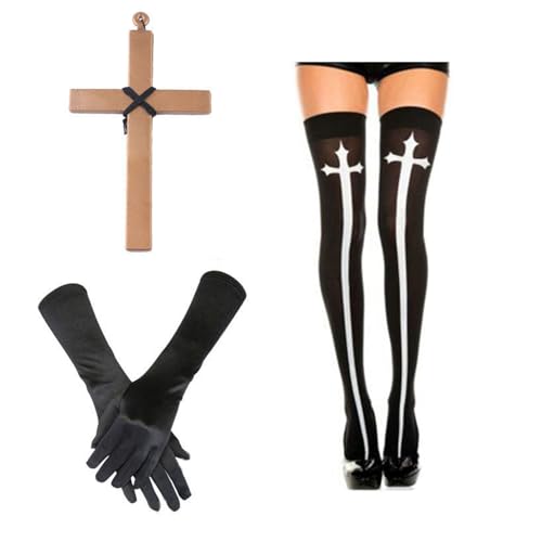 Gissroys Nonnen-Kostüm-Set, Nonnenhut, Kragen, Kreuz-Anhänger, Halskette, Oberschenkelhohe Socken für Halloween, Cosplay, Karneval, Mottoparty, Halloween-Kostüm von Gissroys