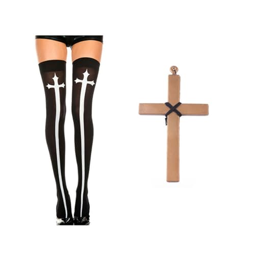 Gissroys Nonnen-Kostüm-Set, Nonnenhut, Kragen, Kreuz-Anhänger, Halskette, Oberschenkelhohe Socken für Halloween, Cosplay, Karneval, Mottoparty, Halloween-Kostüm von Gissroys