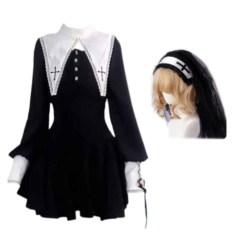 Punk Horror Nonne Kostüm Kleid Langarm Bequemer Stoff Punk Outfit Zubehör Religiöse Mystery Cosplay Nonne Cosplay Kleidung von Gissroys