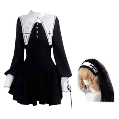 Punk Horror Nonne Kostüm Kleid Langarm Bequemer Stoff Punk Outfit Zubehör Religiöse Mystery Cosplay Nonne Cosplay Kleidung von Gissroys