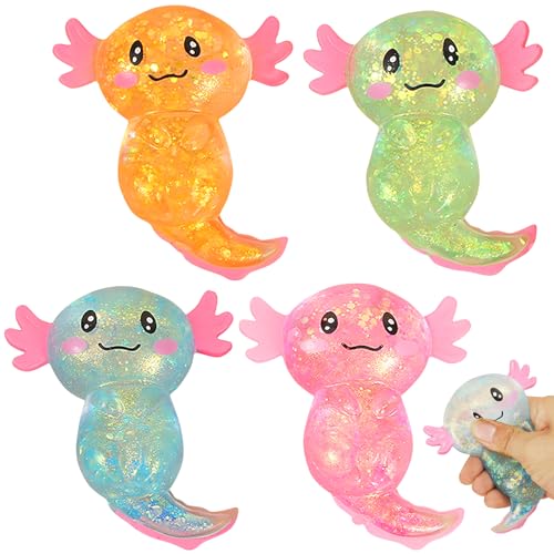 4 Stück Axolotl Spielzeug, Squeeze Toy, Anti Stress Spielzeug, Süßes Cartoon-Glitzernder Squishy Toy, Stress Toy für Kinder und Erwachsene, Stress Relief Squishy Spielzeug für Partys und Geburtstage von Giugio