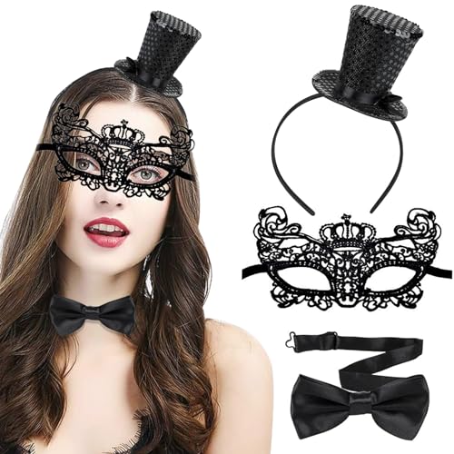 3 Stück Mini Top Hut Haarreif Set, Schwarz Zylinder Haarreif Mit Fliege, Spitzenmaske, Glitzerhut, Karneval Haarschmuck, Kostüm Party für Abschlussball, Halloween von Giugio