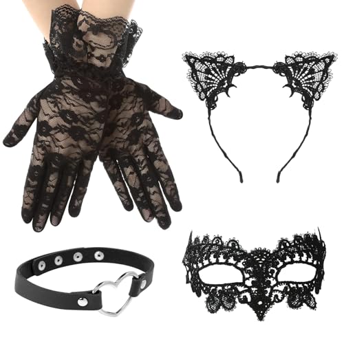 4 Stück Venezianische Maske Damen, Spitze Catwoman Maske Maskenball Maske Augenmaske Halloween, Haarband mit Katzenohren und Spitze für Karneval Valentinstag Kostüm Party Gesichtsmaske Cosplay (A) von Giugio