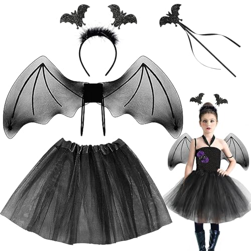 4-teiliges Fledermaus Kostüm Set, Feenkostüm Kinder Halloween mit Tüllrock, Flügel, Zauberstab und Haarreif, Schwarze Tüllrock Mädchen für Halloween Karneval Fasching Cosplay und Themenparty Kostüm von Giugio