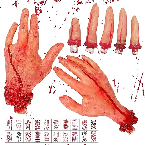 7 Stück Halloween Blut Requisiten, Gefälschter Daumen Finger Simuliert, Abgetrennte Finger, Halloween blutige Requisiten mit 20 Halloween Tattoos, Gebrochene Körperteile für Spukhaus Zombie Party Deko von Giugio