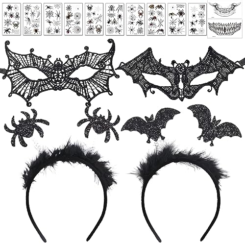 7 Stück Halloween Damen Zubehör, Halloween Fledermaus Haarreife, Schwarze Spitze Maske und Halloween Spinne Haarschmuck mit 2 Gesichtstattoos 10 Spinne Tattoo für Halloween Karneval Kostüm Accessoire 7 Stück Halloween Damen Zubehör, Halloween Fledermaus Haarreife, Schwarze Spitze Maske und Halloween Spinne Haarschmuck mit 2 Gesichtstattoos 10 Spinne Tattoo für Halloween Karneval Kostüm Accessoire von Giugio