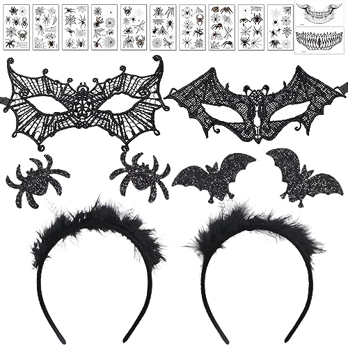 7 Stück Halloween Damen Zubehör, Halloween Fledermaus Haarreife, Schwarze Spitze Maske und Halloween Spinne Haarschmuck mit 2 Gesichtstattoos 10 Spinne Tattoo für Halloween Karneval Kostüm Accessoire von Giugio