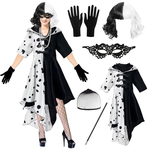8 Stück Cruella Devil Kostüm Damen Set, Kapuzenmantel Strickjacke mit Perücke Maske Handschuhe Perlenkette und Lange Stange, Schwarz Weiß Dalmatiner Kleid für Karneval Cosplay Halloween Party Fasching 8 Stück Cruella Devil Kostüm Damen Set, Kapuzenmantel Strickjacke mit Perücke Maske Handschuhe Perlenkette und Lange Stange, Schwarz Weiß Dalmatiner Kleid für Karneval Cosplay Halloween Party Fasching von Giugio