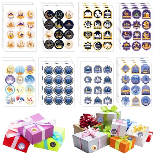 Eid Mubarak Aufkleber, 384pcs Ramadan Sticker, Ramadan Aufkleber, Party Dekoration Aufkleber, Muslim Selbstklebende Siegelaufkleber für Geschenkverpackung Runde Süßigkeiten Aufkleber Party Supplies von Giugio