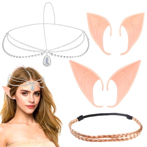Elfenohren Set, 2 Paar Halloween Elfen Ohren, Pixie Ears Soft Pointed Fairy Ears Haarband und Kristall Prinzessin Krone Stirnband, Elfen Ohren für Cosplay Karneval Party Fasching Kostüm Zubehör Elfenohren Set, 2 Paar Halloween Elfen Ohren, Pixie Ears Soft Pointed Fairy Ears Haarband und Kristall Prinzessin Krone Stirnband, Elfen Ohren für Cosplay Karneval Party Fasching Kostüm Zubehör von Giugio