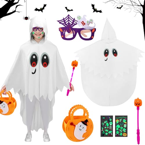 Geister Weiß Umhang Halloween Kostüm für Kinder, Weiß Geist Umhang mit Kapuze, 6-teiliges Costume Halloween für Jungen Mädchen, Kürbis Candy Bag, Zauberstab und Gläser für Karneval Cosplay Party-120cm von Giugio