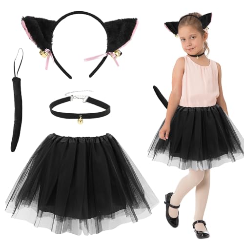 Giugio 4tlg Katzen Kostüm Mädchen Kinder, Katzenkostüm Kinder, Katzenschwanz, Katzenohren Haarreif, Glöckchen Halskette, Tüllrock Schwarz für Mädchen Fasching Cosplay Party Dekoration Accessoires Giugio 4tlg Katzen Kostüm Mädchen Kinder, Katzenkostüm Kinder, Katzenschwanz, Katzenohren Haarreif, Glöckchen Halskette, Tüllrock Schwarz für Mädchen Fasching Cosplay Party Dekoration Accessoires von Giugio