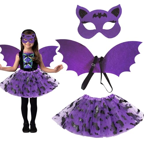 Giugio Halloween Fledermaus Kostüm Kinder, Lila Halloween Maske Set Mädchen mit Flügel Tutu Fledermaus Kleid, Fledermaus Hexen Teufel Kinderkostüm für Karneval Mottoparty Halloween Cosplay Party Giugio Halloween Fledermaus Kostüm Kinder, Lila Halloween Maske Set Mädchen mit Flügel Tutu Fledermaus Kleid, Fledermaus Hexen Teufel Kinderkostüm für Karneval Mottoparty Halloween Cosplay Party von Giugio