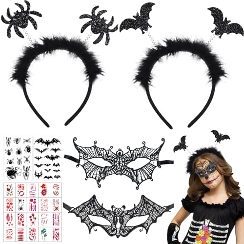 Giugio Halloween Kostüme Fledermaus Haarschmuck Spinne Haarreifen, Halloween Haarreif, Fledermaus Spinnen Halloween Temporäre Tattoos mit Augenmaske aus Spitzer, Maskenball, Mottoparty, Karneval von Giugio